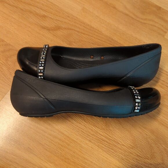 Crocs Cap Toe Ballet Flats Shoes Womens 6 Black Rhinestones Comfort Slip On - Picture 5 of 6